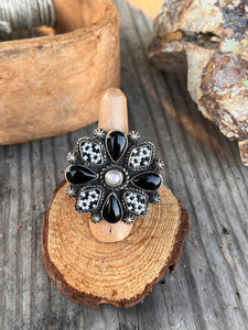 Pearl and Onyx Cluster Ring