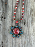 Red Orange Spiny Oyster and Sterling Silver Pearl Necklace