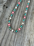 Kingman Turquoise, Pearl, and Pink Coral Necklace