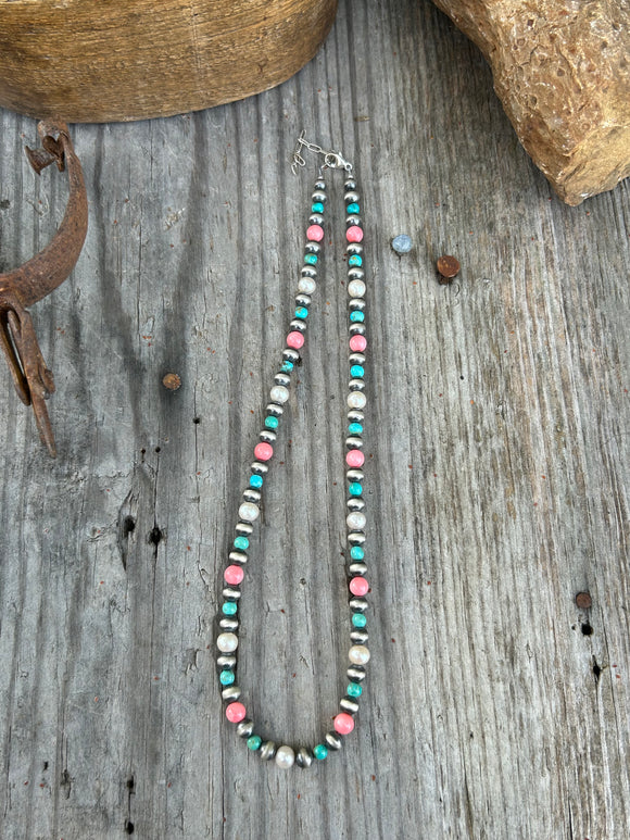 Kingman Turquoise, Pearl, and Pink Coral Necklace