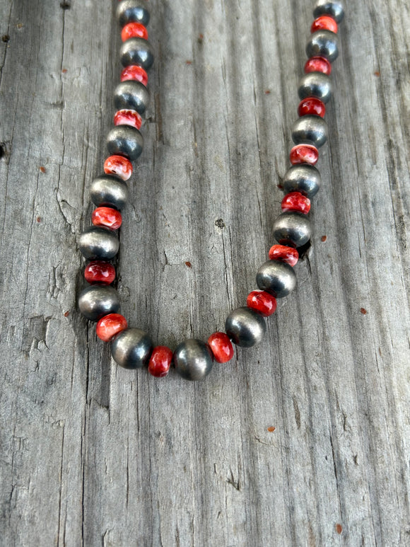 Red Orange Spiny Oyster and Silver Necklace