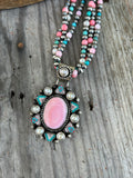 Kingman Turquoise, Pearl, and Pink Coral Necklace