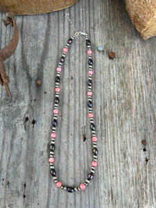 Peacock Pearl and Salmon Coral Necklace