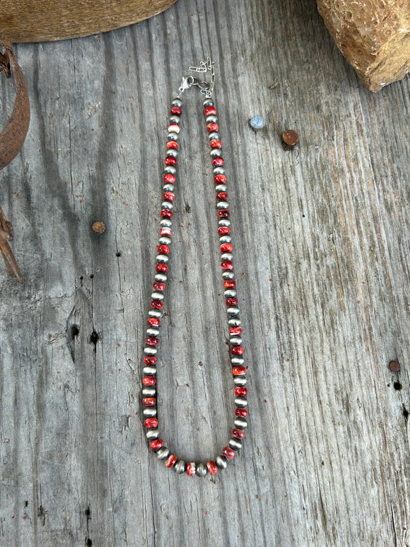 Red Orange Spiny Oyster and Sterling Silver Pearl Necklace