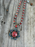 Red Orange Spiny Oyster and Silver Necklace