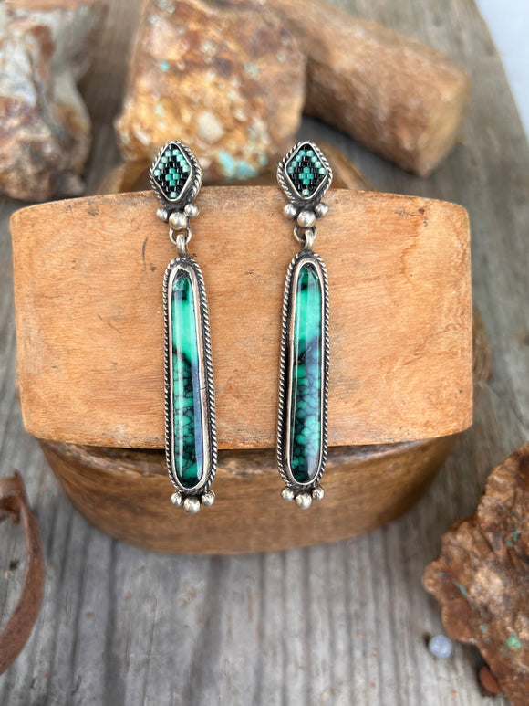 Long Emerald Rose Varasite Earrings