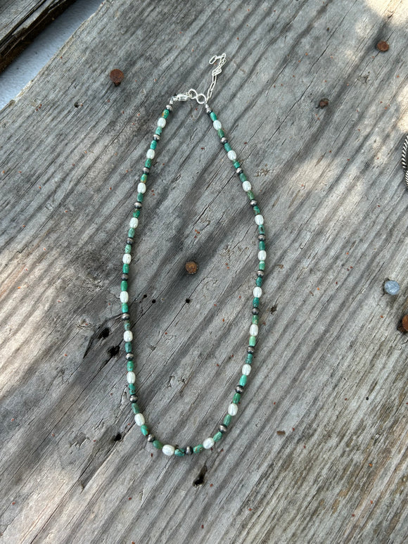 Green Turquoise and White Rice Pearl Necklace